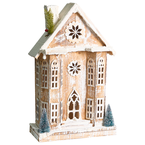 Dekoratives Holzhaus mit Fensteröffnungen und zwei kleinen Bäumen