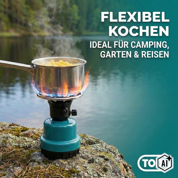 Kompakter Gaskocher mit Kochtopf und Flamme auf einem Stein am Seeufer, ideal für Camping, Garten und Reisen, mit Tom Logo.