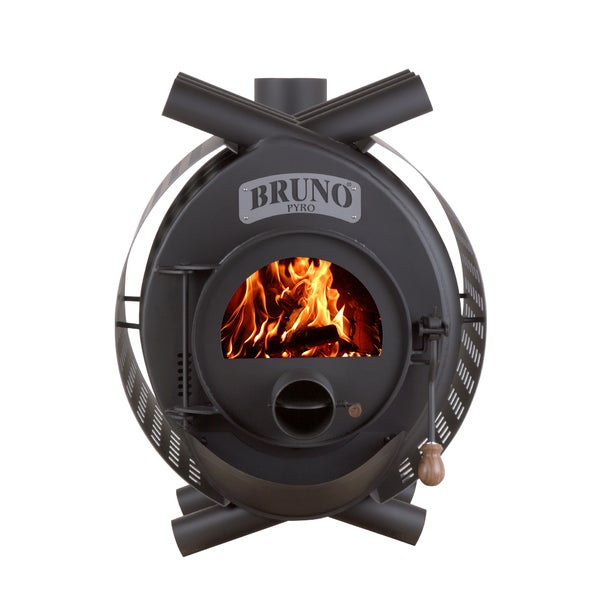 Holzofen mit Glasfenster und sichtbaren Flammen