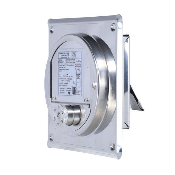 Schornsteinzugregler aus Metall mit quadratischer Montageplatte und einstellbarem Druckbereich von 10 bis 35 Pascal.