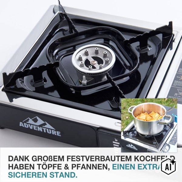 Mobiler Gaskocher mit Kochfeldaufsatz für stabilen Stand von Töpfen und Pfannen, ideal für den Outdoor Bereich.