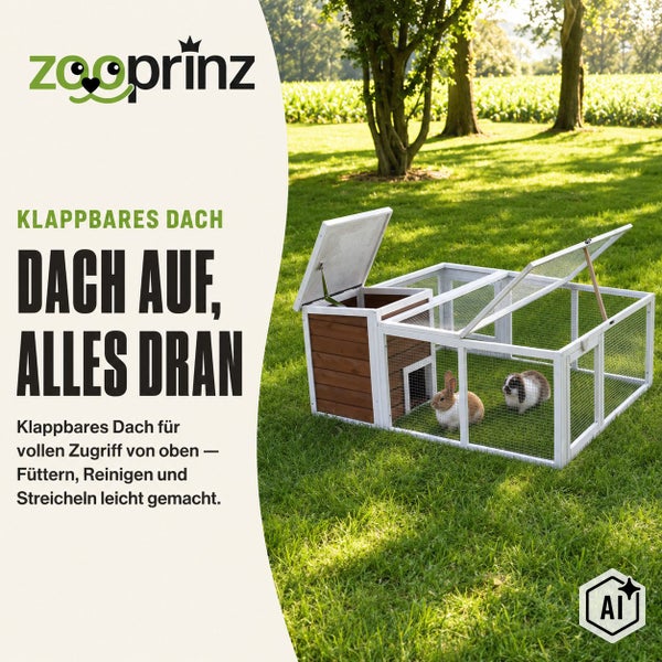 Zooprinz Kleintierstall mit klappbarem Dach und Freilaufgehege für Kaninchen auf einer Wiese im Garten.