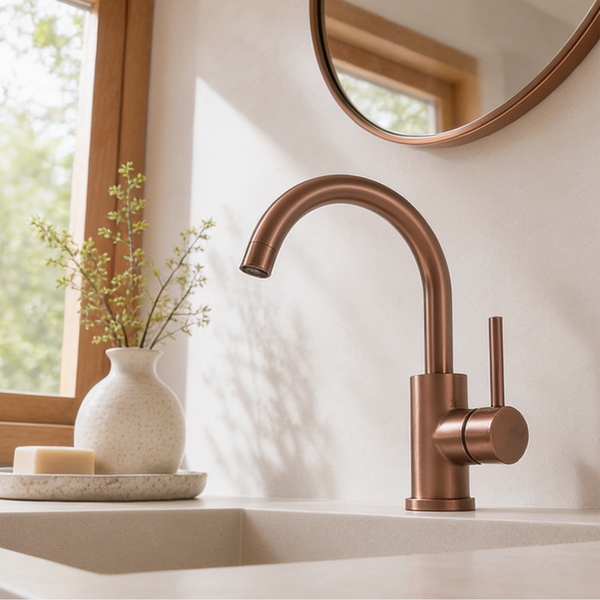 Moderne Waschtischarmatur in Metalloptik an einem Waschbecken in einem hellen Badezimmer mit Spiegel und Dekoration.