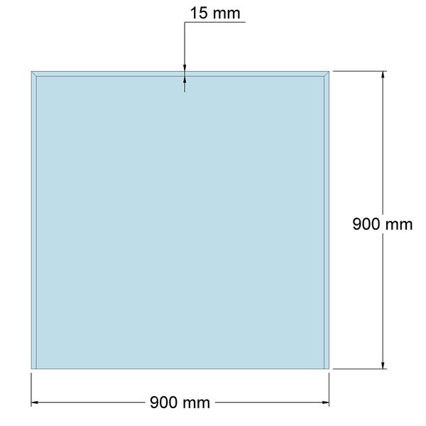 Technische Zeichnung eines quadratischen Spiegels mit den Maßen 900 Millimeter mal 900 Millimeter und einer Facette von 15 Millimeter.