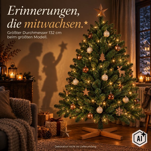 Geschmückter künstlicher Weihnachtsbaum mit Lichterkette in einem Wohnzimmer, größter Durchmesser 132 Zentimeter, auf einem Holzständer.