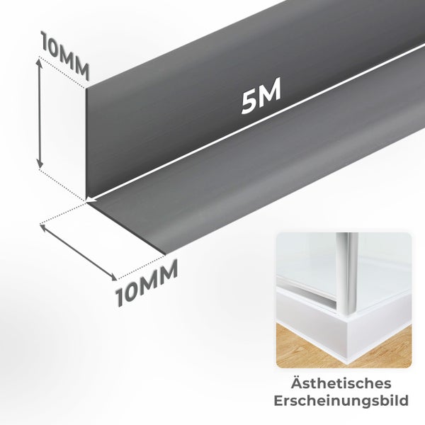 Winkeldichtprofil, 10 Millimeter mal 10 Millimeter, Länge 5 Meter, Anwendungsbeispiel an einer Duschwanne für ein ästhetisches Erscheinungsbild.