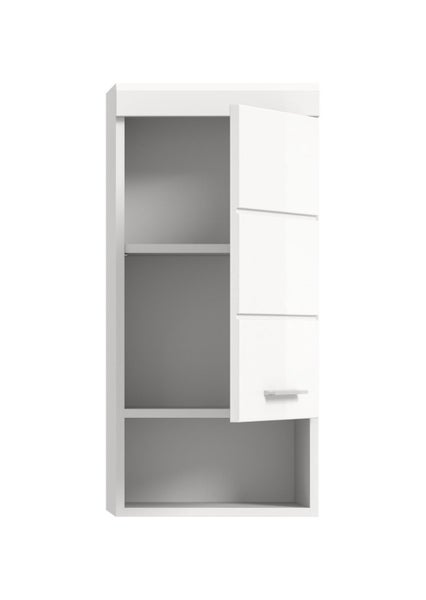 Weißer Badezimmer-Wandschrank mit einer teilweise geöffneten Tür, Griff und Innenregalen.