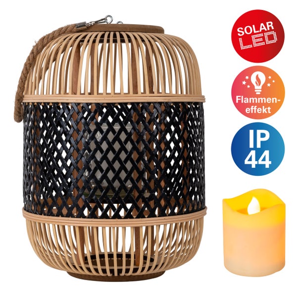 Dekorative Solar LED Laterne aus Rattan mit Flammeneffekt und Schutzart IP44