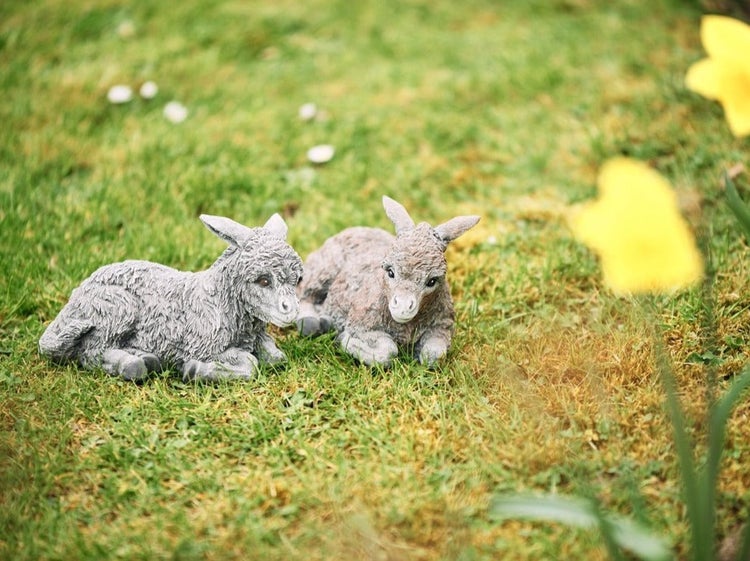 Zwei liegende Esel Gartenfiguren aus Stein als Dekoration im Rasen