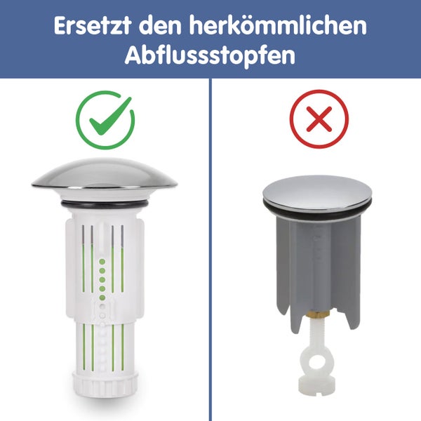 Vergleich eines modernen Abflussstopfens mit einem herkömmlichen Modell. Das neue Modell ersetzt den herkömmlichen Stopfen.