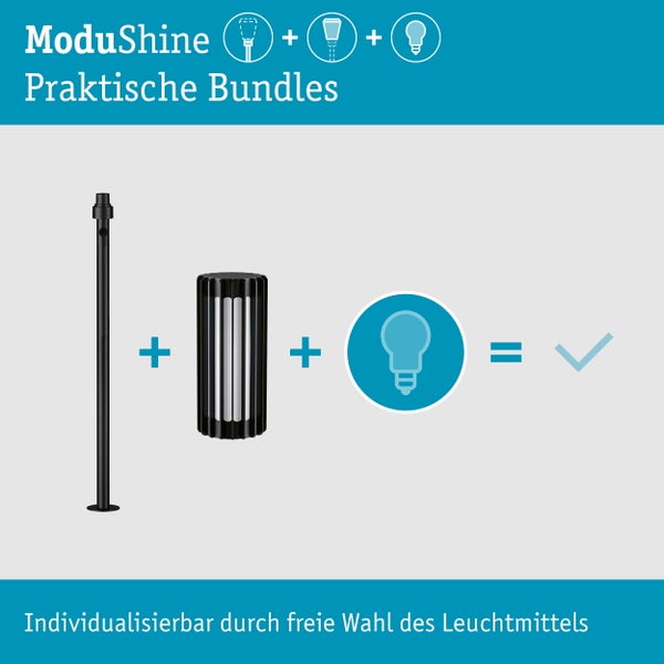 ModuShine Leuchtenserie mit verschiedenen Mastleuchten und Wandleuchten zur individuellen Kombination für den Außenbereich.