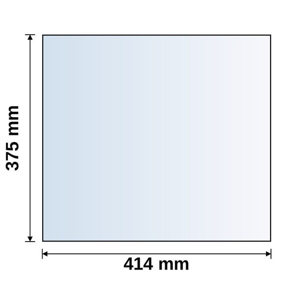 Zeichnung einer Glasscheibe mit den Maßen 414 Millimeter Breite und 375 Millimeter Höhe.