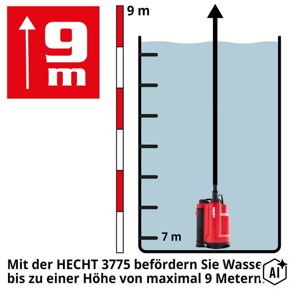 Infografik zur maximalen Förderhöhe von 9 Metern der Hecht 3775 Tauchpumpe mit Skala und Hecht Logo.