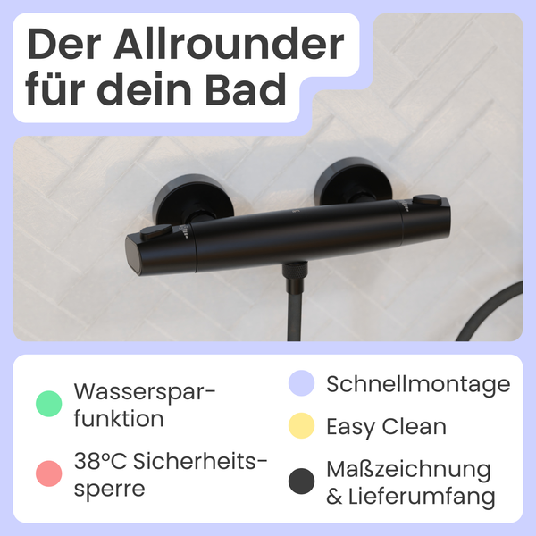 Aufputz-Thermostatarmatur in Schwarz mit Informationen zu Wassersparfunktion, 38 Grad Celsius Sicherheitssperre, schneller Montage, einfacher Reinigung, Maßzeichnung und Lieferumfang