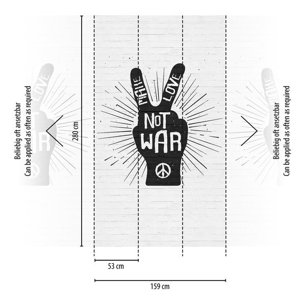 Fototapete mit Ziegelwand, Handzeichen Peace, Text Make Love Not War, Maße 159 mal 280 Zentimeter, beliebig oft ansetzbar.
