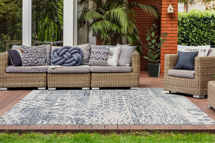 Flachflor Teppich Amanuel Dunkelblau / Elfenbein Ethno-Design 200 x 290 cm