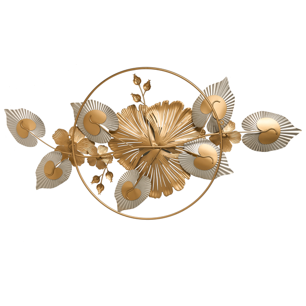 Wanddekoration aus Metall mit Blumen und Blättern in einem Kreis