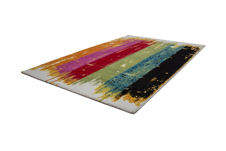 Rechteckiger Teppich mit abstraktem Pinselstrich-Muster in verschiedenen Farben.