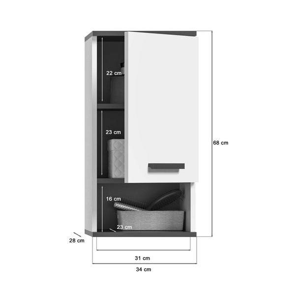 Rocket Badschrank wandhängend 1 Tür, 1 Ablage weiß,grau. 34 X 28 X 68 cm