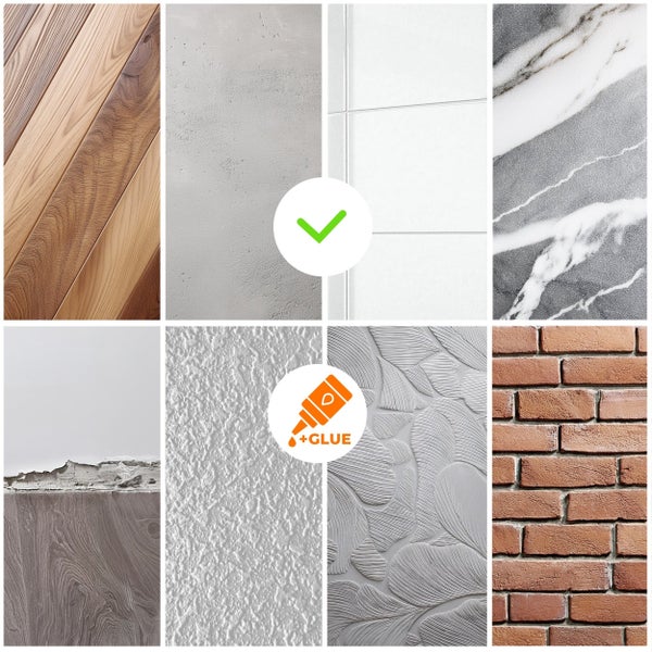 Kollage verschiedener Wand- und Bodenbeläge mit den Oberflächen Holz, Beton, Fliesen, Marmor, Putz und Ziegel