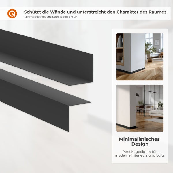 Minimalistische starre Sockelleiste in L-Form zur Wandmontage, ideal für moderne Inneneinrichtungen und Lofts.