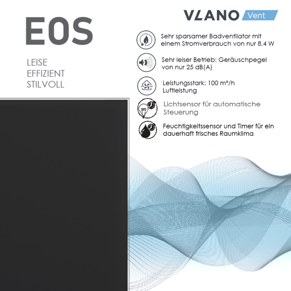 VLANO Logo. Badventilator EOS: 8,4 Watt, 25 Dezibel, 100 Kubikmeter pro Stunde, Lichtsensor, Feuchtigkeitssensor und Timer.