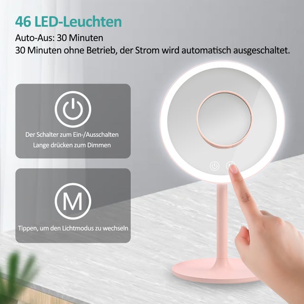 EMKE Macaron Runder Kosmetikspiegel mit Beleuchtung, Tischspiegel mit Touchschalter, 3 dimmbare Lichtfarben, Rosa, ф20cm