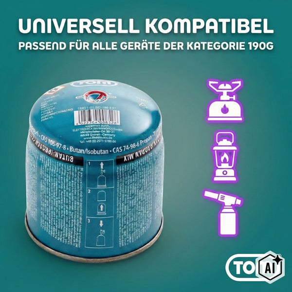 Universell einsetzbare 190 Gramm Gaskartusche für Campingkocher, Lampen und Lötbrenner von TOM.