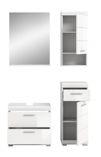 Badezimmermöbel-Set bestehend aus Spiegel, Waschbeckenunterschrank und zwei Beistellschränken in Weiß Hochglanz.