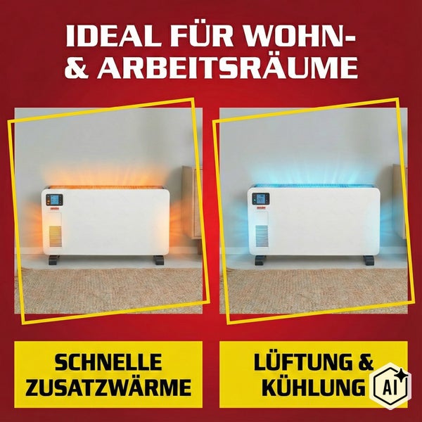 Hecht Elektroheizung mit Lüftungs und Kühlfunktion für Wohn und Arbeitsräume als schnelle Zusatzwärme dargestellt