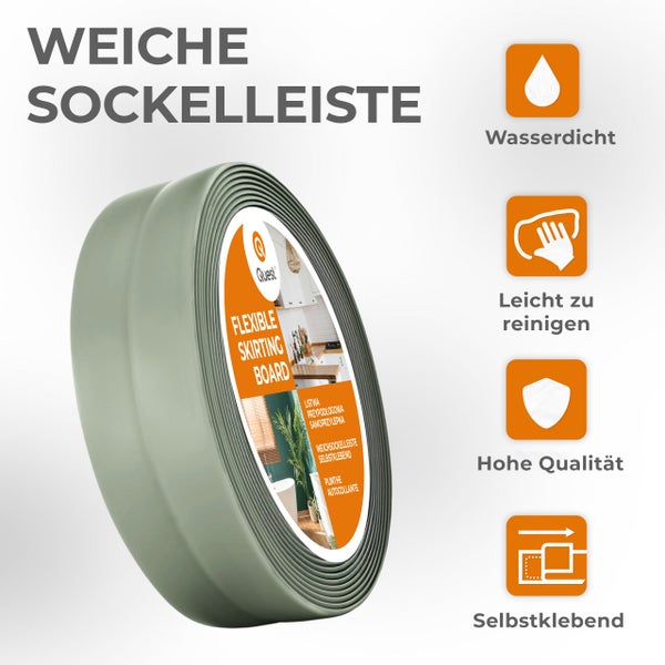 Rolle weiche Sockelleiste von Quest, selbstklebend und wasserdicht mit Symbolen für Eigenschaften wie einfache Reinigung und hohe Qualität.