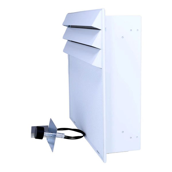 Wandheizkörper für den Einbau mit Lüftungsgitter und externem Thermostat zur Wandmontage.