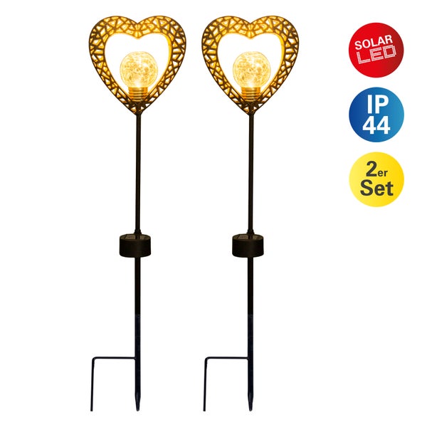 Zwei Solar LED Gartenleuchten im Herzdesign als Set