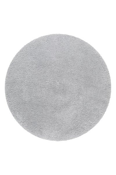 Runder Hochflor-Teppich in Grau, weicher Shaggy-Teppich aus Synthetikfaser.