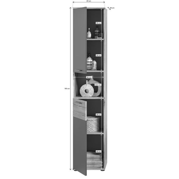 Mason Hochschrank Bad 2 Türen, 1 Ablage  grau,Eiche dekor. 37 X 34 X 190 cm