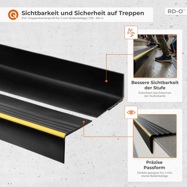 PVC-Treppenkantenprofil in Schwarz mit gelbem Streifen für 2 Millimeter Bodenbeläge. Q Logo und RD-O Logo. Verbessert Sichtbarkeit und Sicherheit.