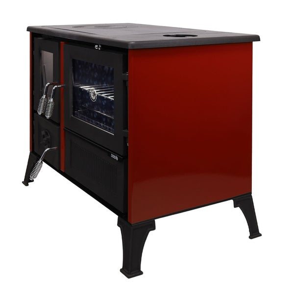 Roter Holzherd mit Backofen, Feuerraum und Metallgriffen.