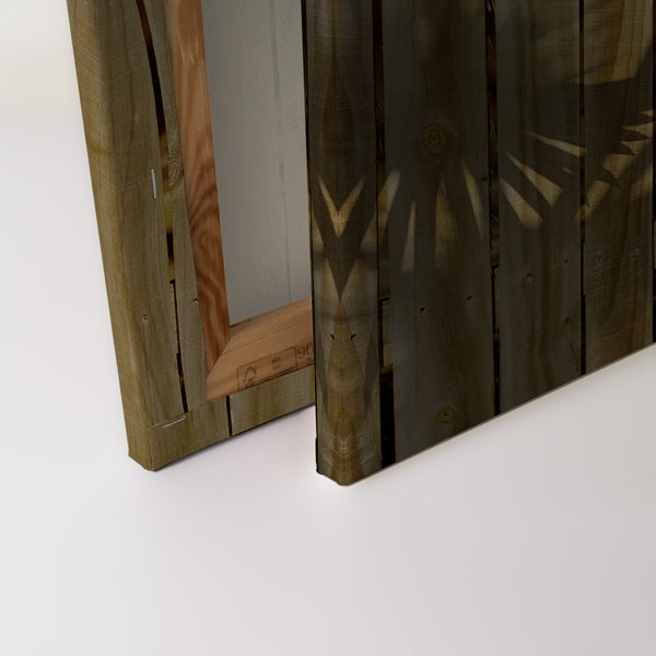 Leinwandbild mit Holzzaun Motiv, auf einen Holzrahmen gespannt, Rückansicht des Rahmens sichtbar
