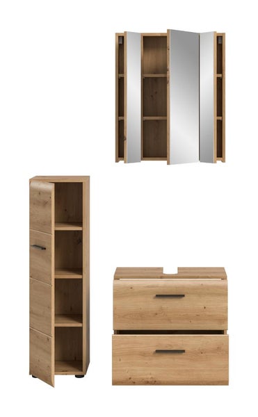 Badmöbel-Set in Eichenoptik bestehend aus dreitürigem Spiegelschrank, schmalem Hochschrank und Waschbeckenunterschrank mit zwei Schubladen.