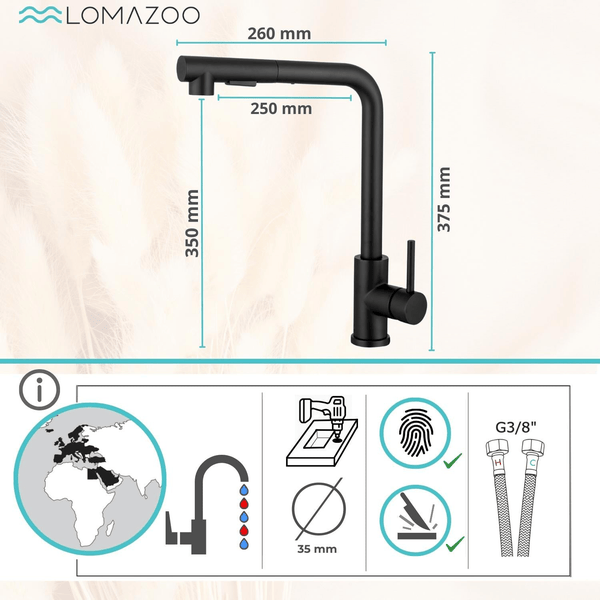 Lomazoo Küchenarmatur mit Ausziehbrause, technische Zeichnung mit Maßen und Produktmerkmalen.
