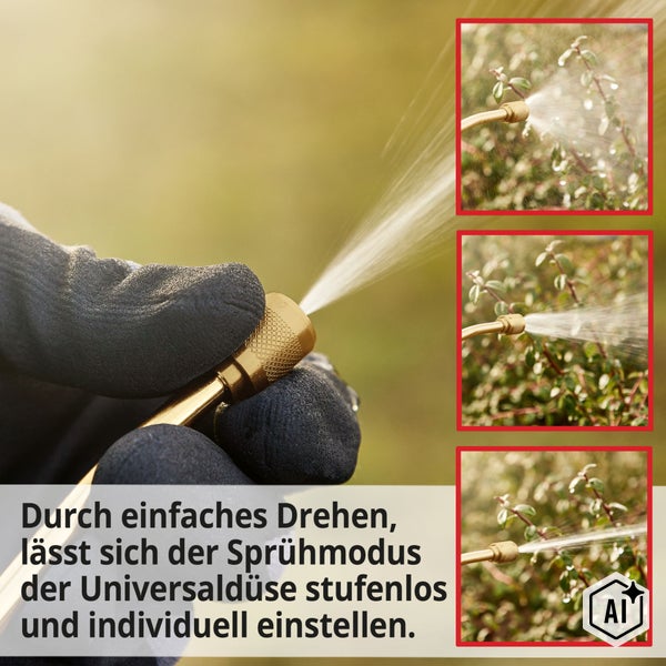 Hand mit Handschuh verstellt die Messing Universalduese eines Druckspruehgeräts für stufenlose Sprühmodi im Garten.