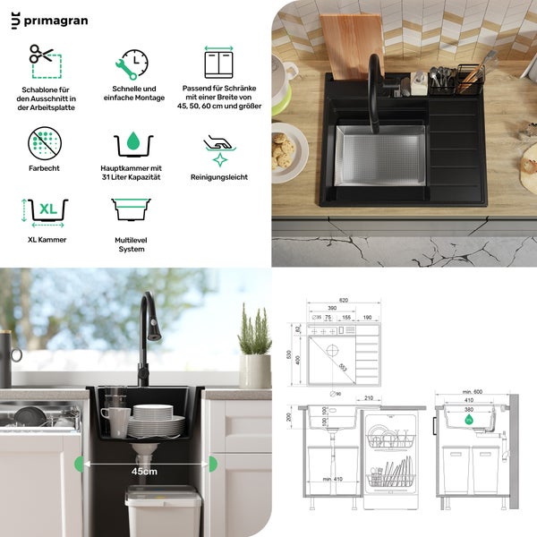 Primagran Küchenspüle mit Zubehör und schematischer Darstellung der Maße und Eigenschaften