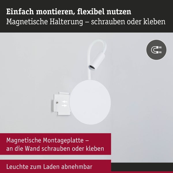 Wandleuchte mit abnehmbarem Leuchtenkopf und magnetischer Montageplatte zum Schrauben oder Kleben.