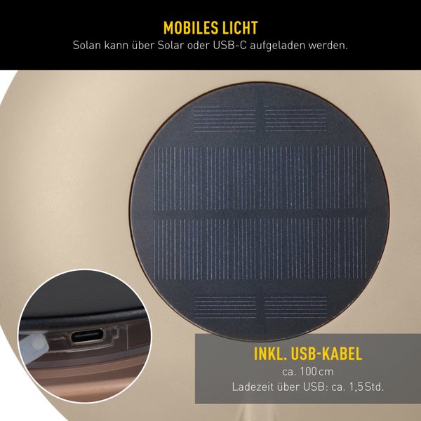 Detailansicht Solarlampe mit Solarpanel und USB-Anschluss