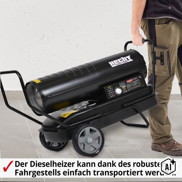 Hecht Dieselheizer auf einem Fahrgestell, das von einer Person an einem Griff gezogen wird.