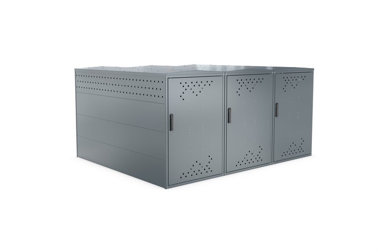 Fahrradbox aus Metall mit drei Fächern zur sicheren Fahrradaufbewahrung