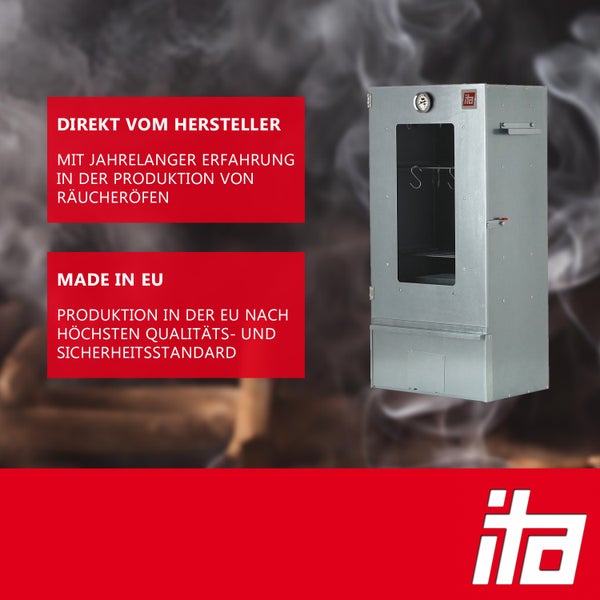 ITA Räucherofen aus Metall mit Sichtfenster, Thermometer und Haken. Hinweis auf Herstellung in der EU und Direktvertrieb. ITA Logo.