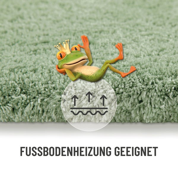 Nahaufnahme eines Teppichs mit dem Hinweis geeignet für Fußbodenheizung.