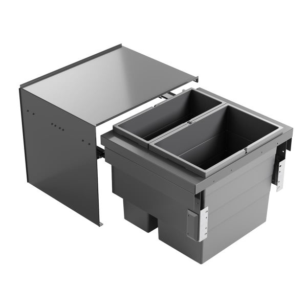 Mülltrennsystem für Küchen-Unterschränke mit zwei Behältern und Auszugsschiene aus Kunststoff und Metall.