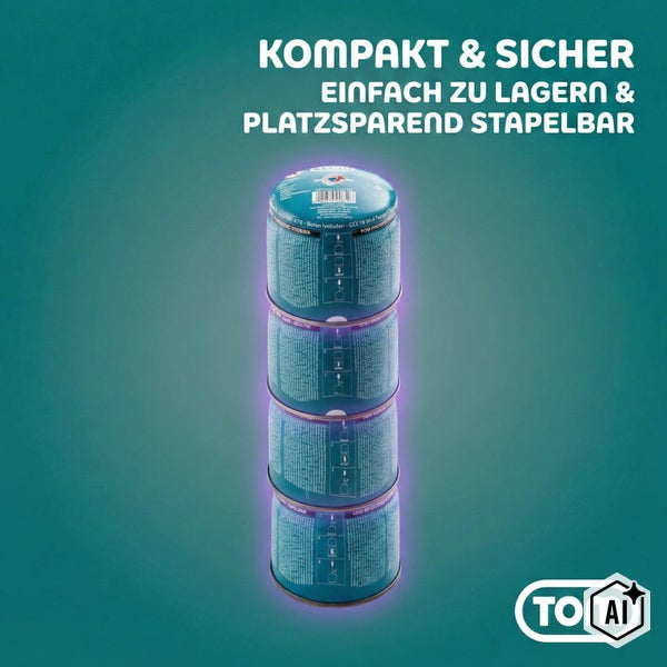 Vier gestapelte Tom Gaskartuschen fuer den kompakten und platzsparenden Transport und Lagerung.